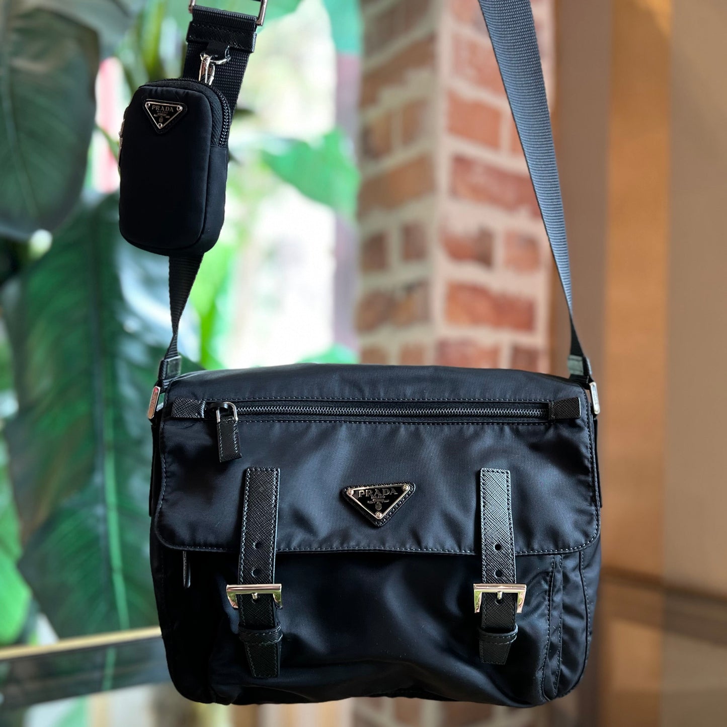 PRADA Vela Black Tessuto Nylon Saffiano Messenger Bag