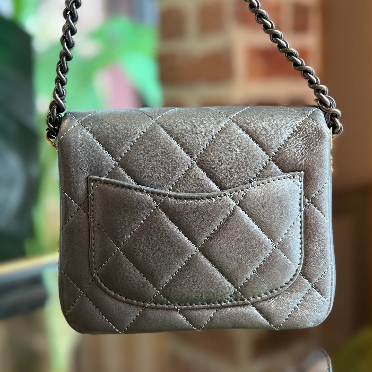 CHANEL Metallic Grey Lambskin Quilted Small Side Note Flap