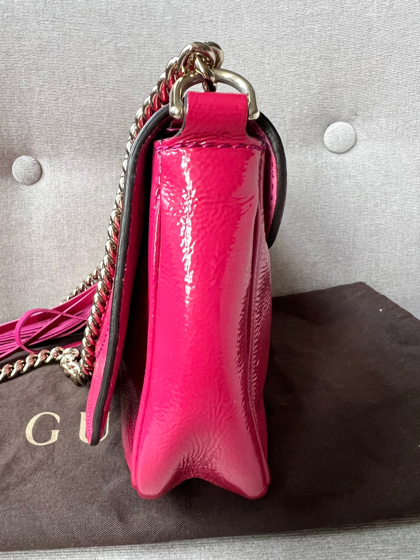 Gucci Pink Patent Mini Soho Chain Crossbody Flap Bag