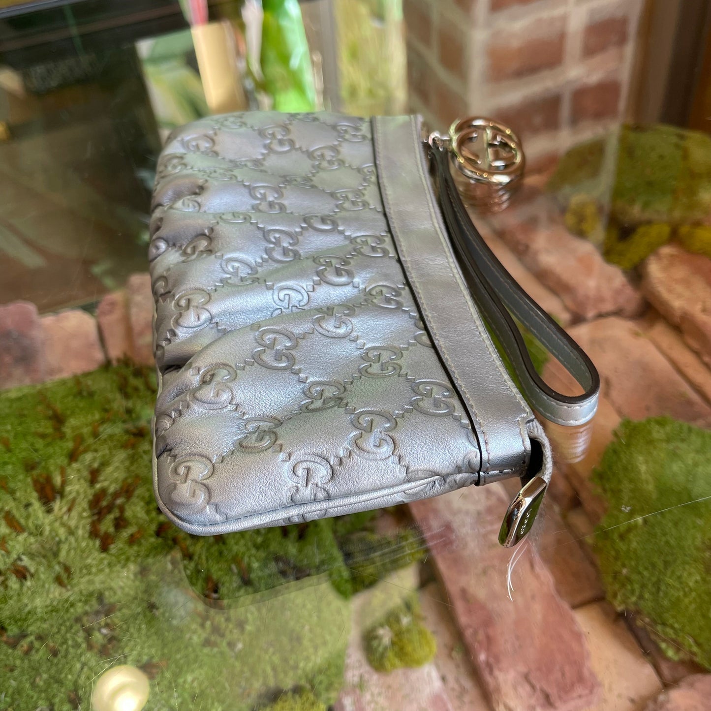 GUCCI Guccissima GG Web Silver Leather Pochette