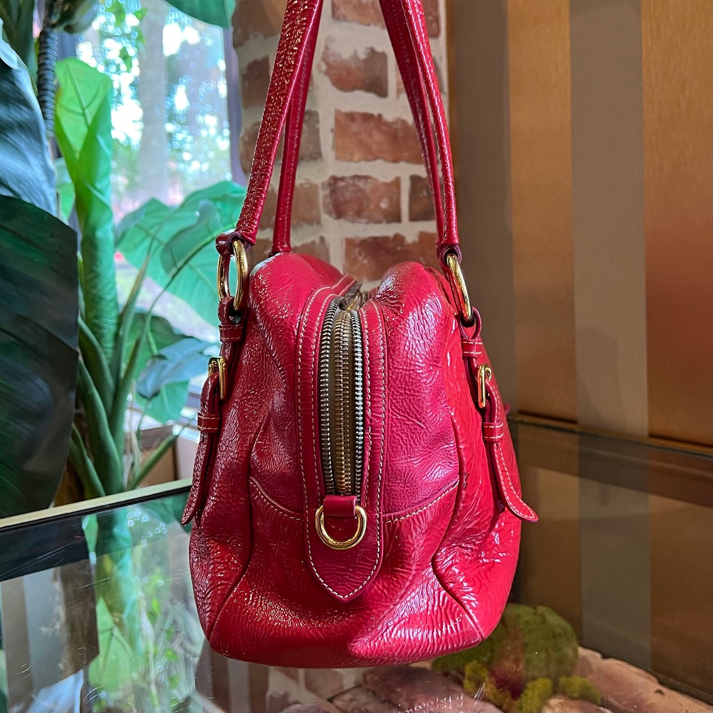 PRADA Fuschia Crinkled Patent Leather Satchel Bag