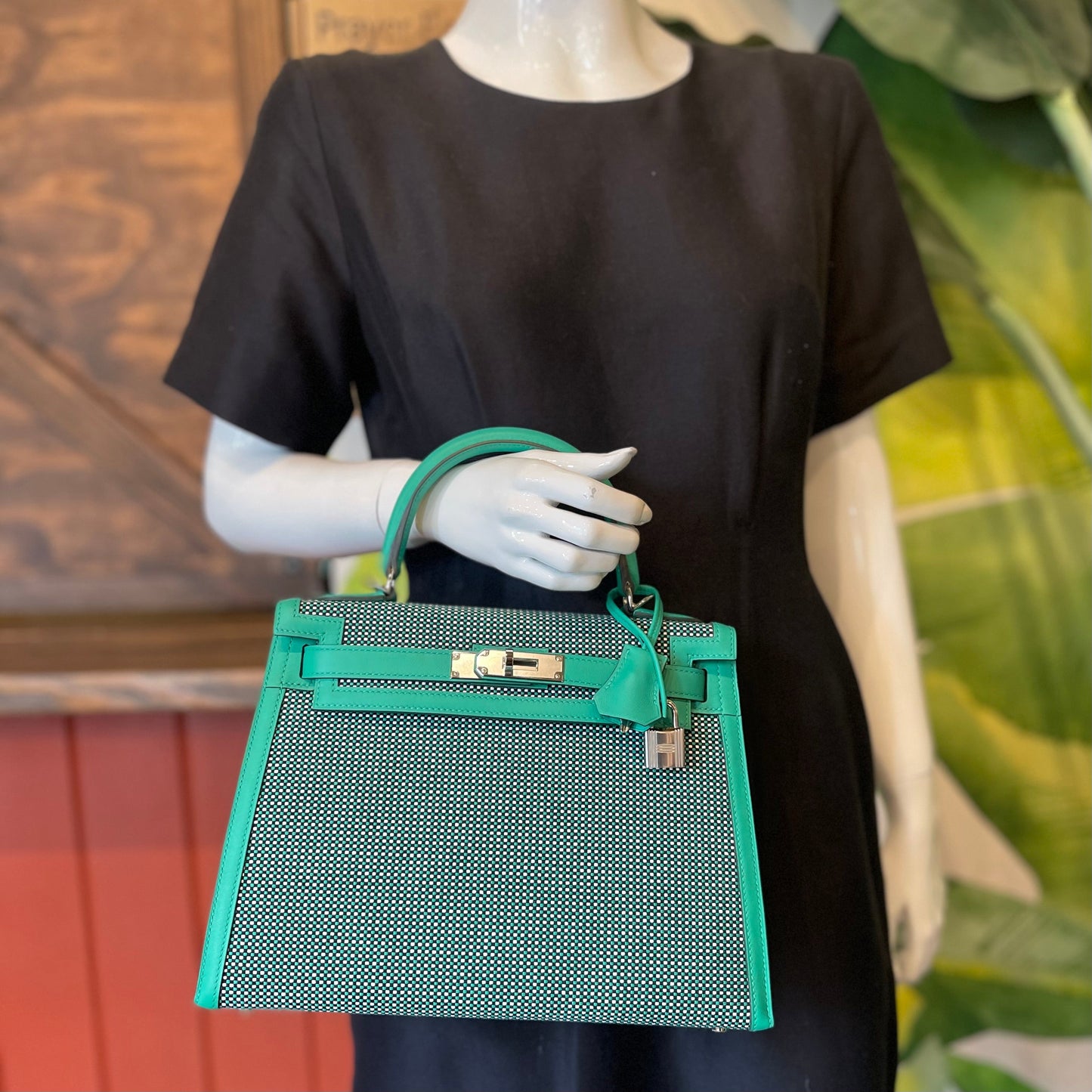 HERMES Menthe Quadrille Canvas and Swift with Palladium Hardware Kelly 28