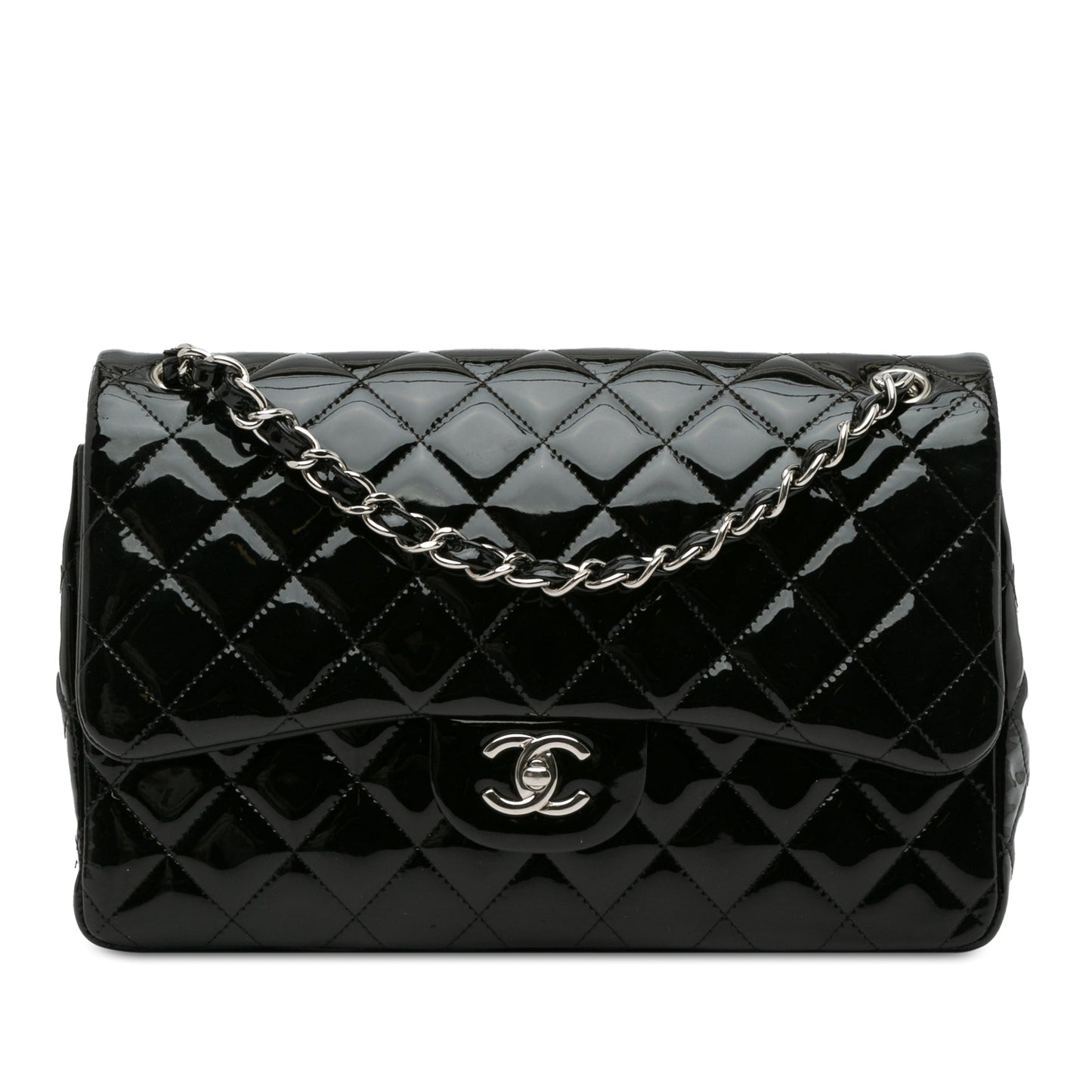 Chanel Classic Double Flap Jumbo Black Patent Silver