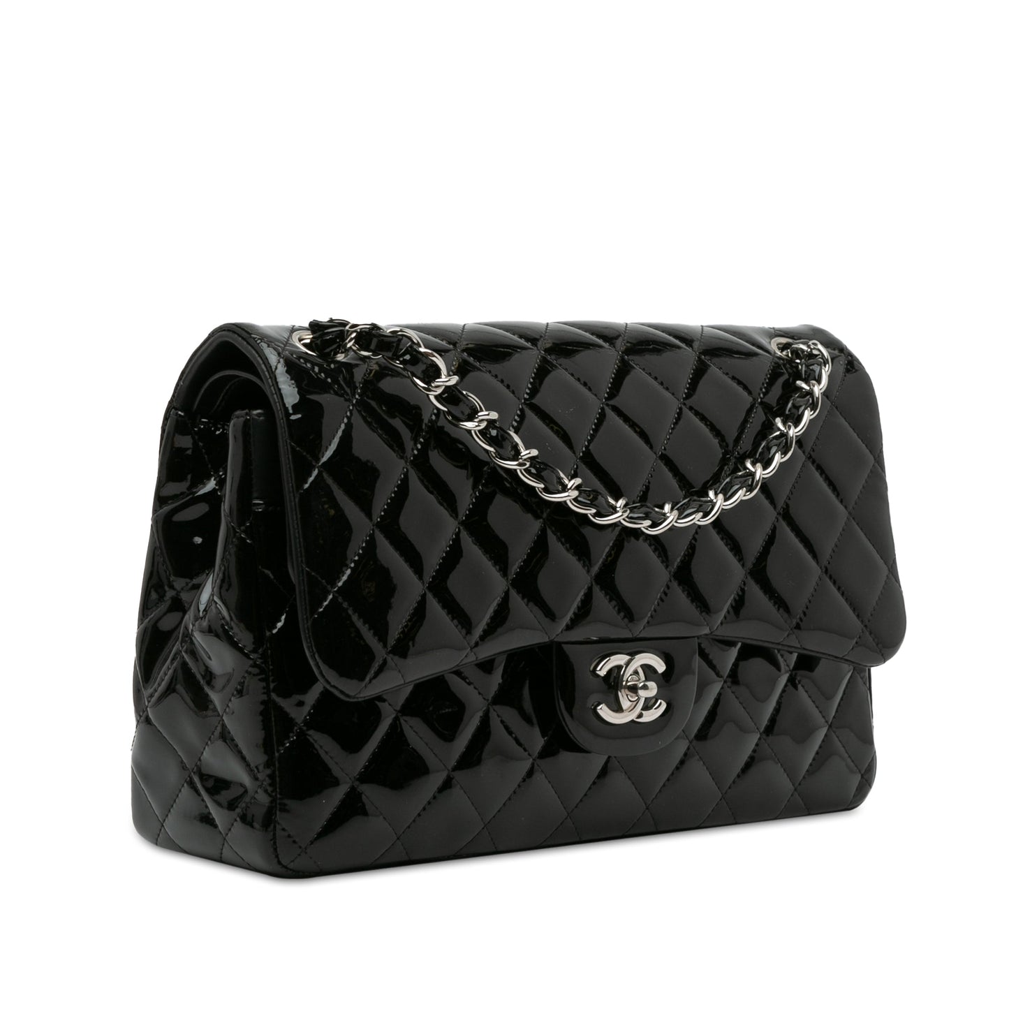 Chanel Classic Double Flap Jumbo Black Patent Silver