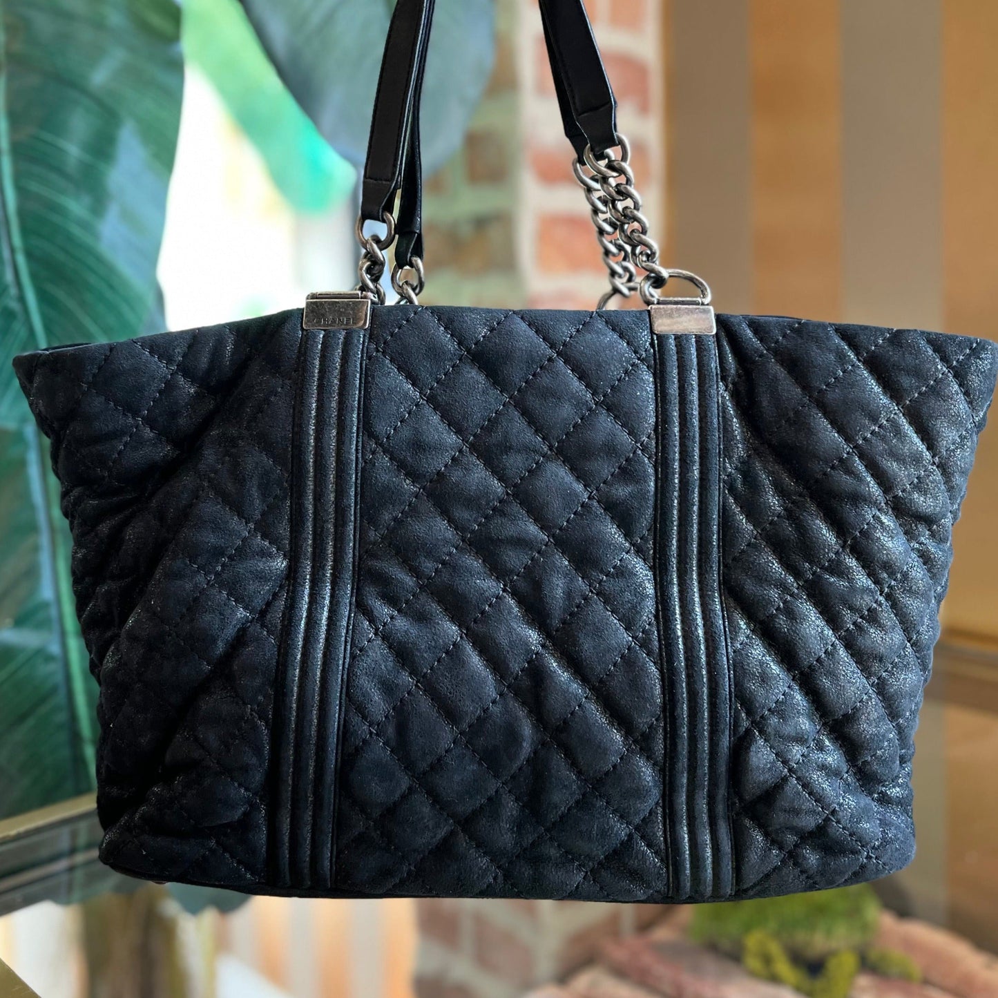 CHANEL Black Iridescent Calfskin Quilted Large Gentle Boy Shopping Tote ADI1065