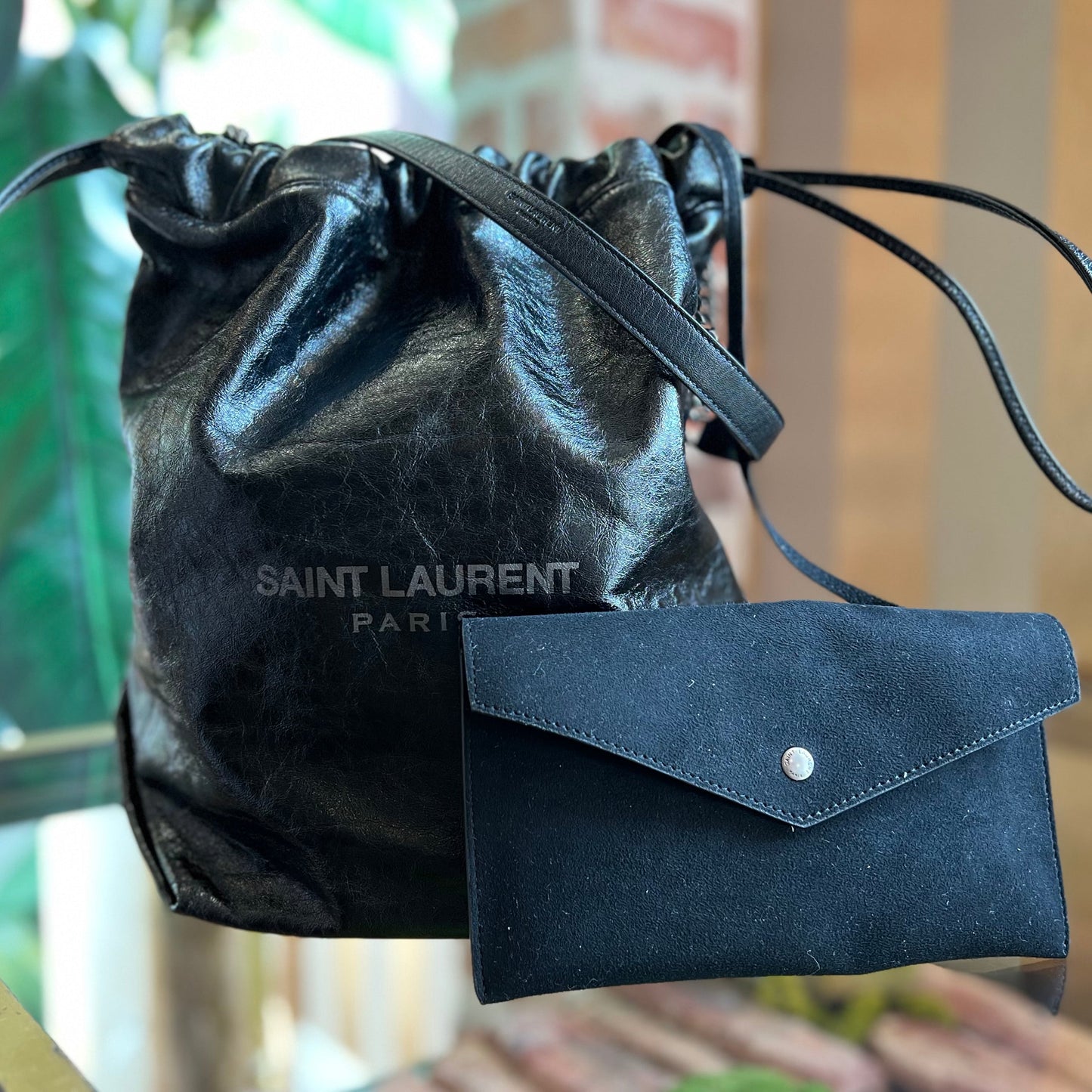 SAINT LAURENT Black Glazed Leather Teddy Bucket Bag