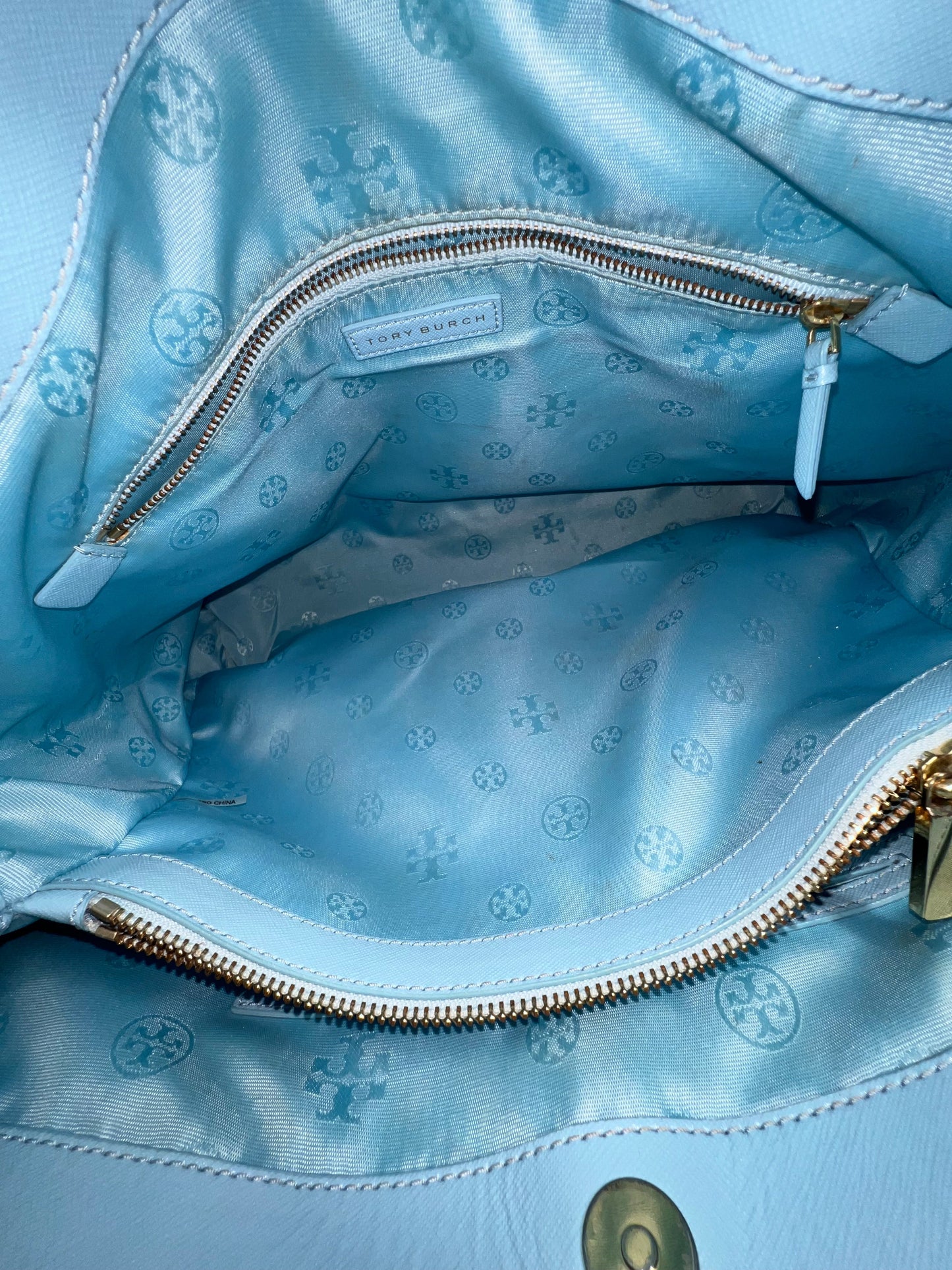 TORY BURCH Light Blue Patent Leather Robison Tote