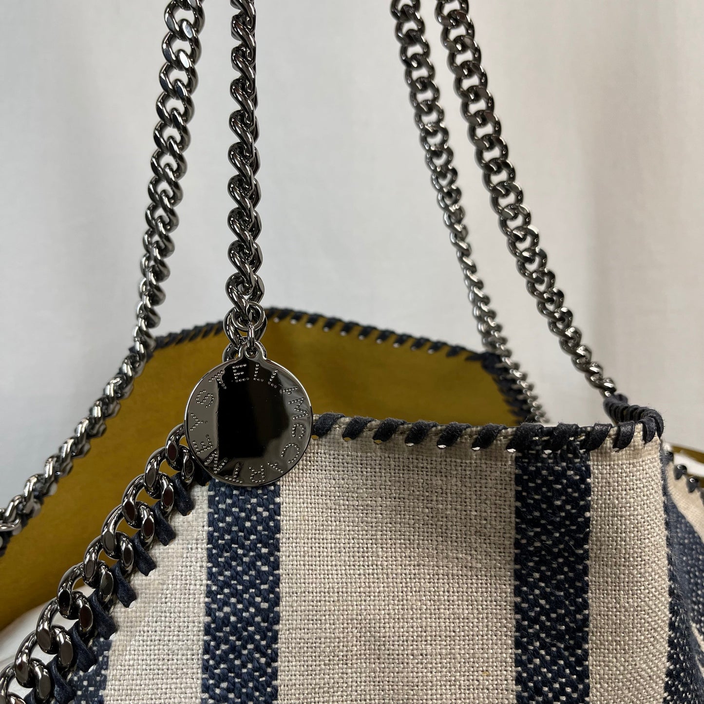 STELLA MCCARTNEY Falabella Reversible Blue Stripe/Yellow Suede Tote