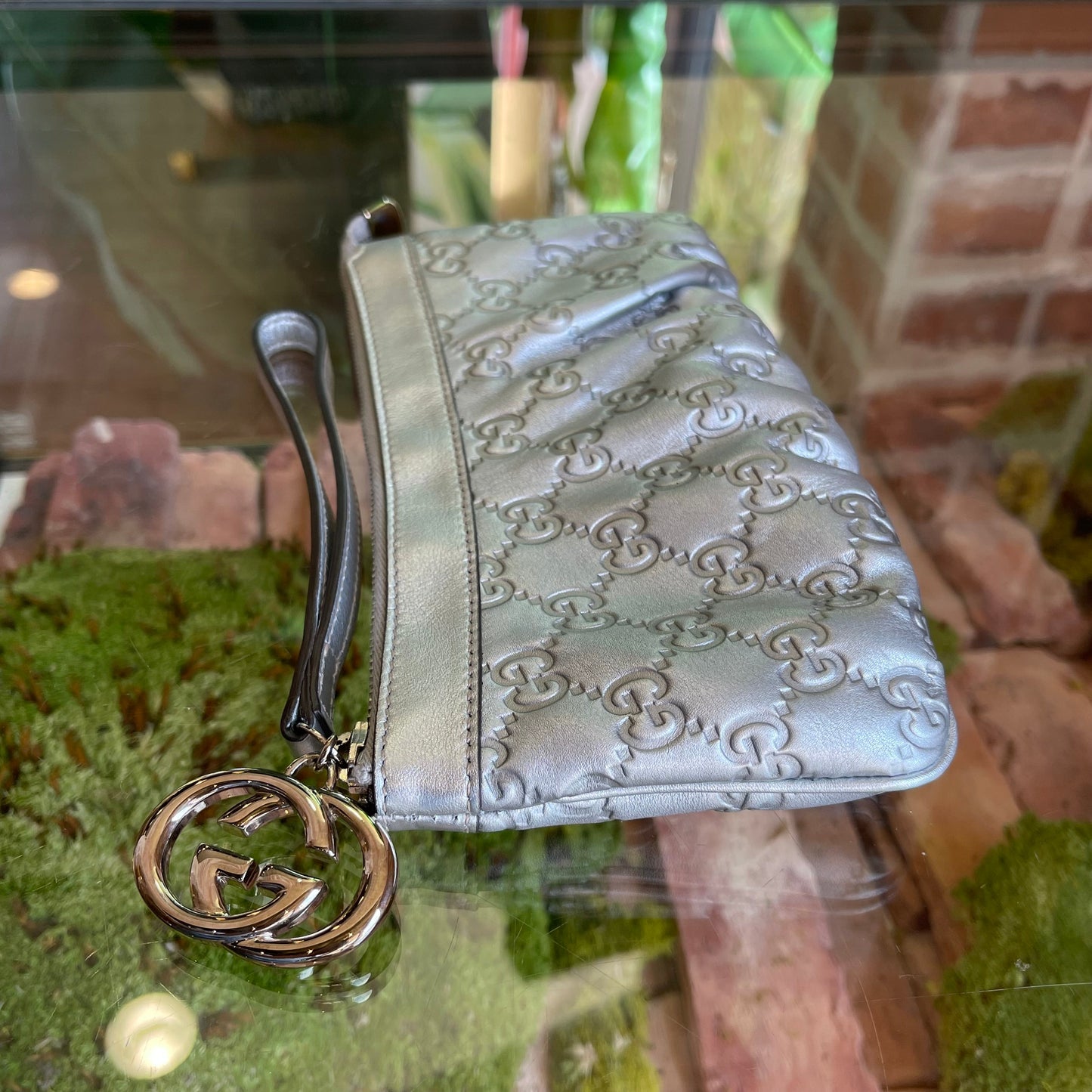 GUCCI Guccissima GG Web Silver Leather Pochette