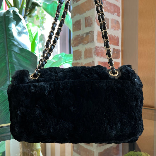 CHANEL Flap Black Rabbit Fur Shoulder Bag