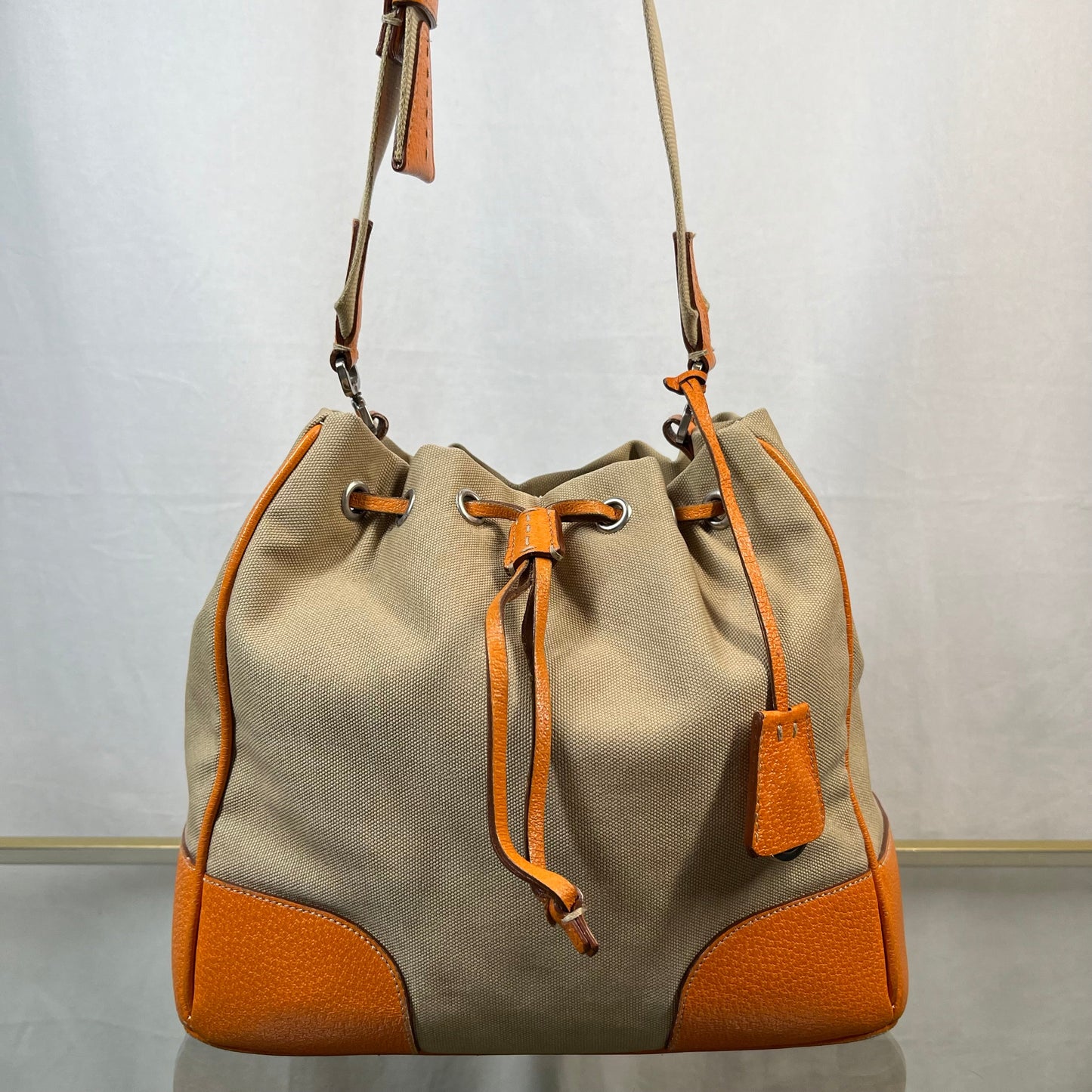 PRADA Leather & Canvas Drawstring Orange Bucket Bag TS3776