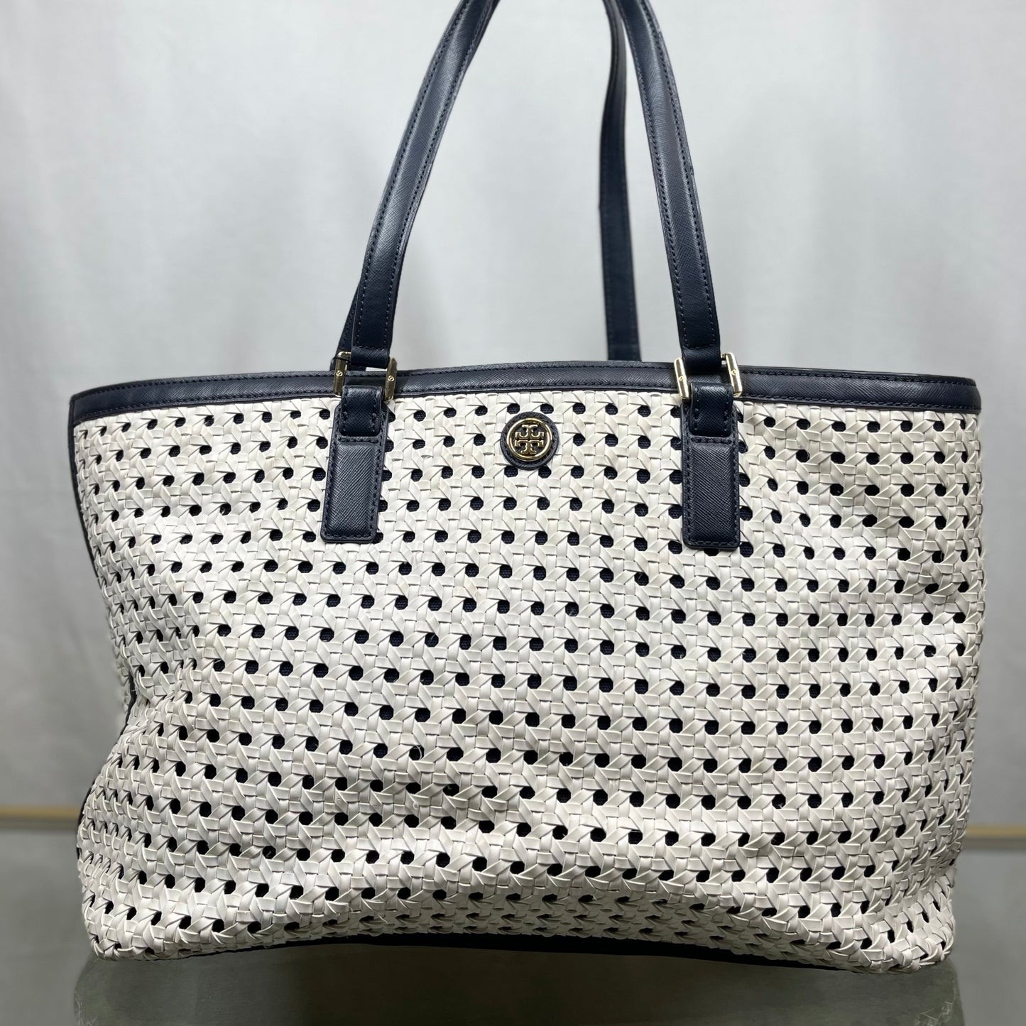 TORY BURCH White Woven Robinson Shopper Tote