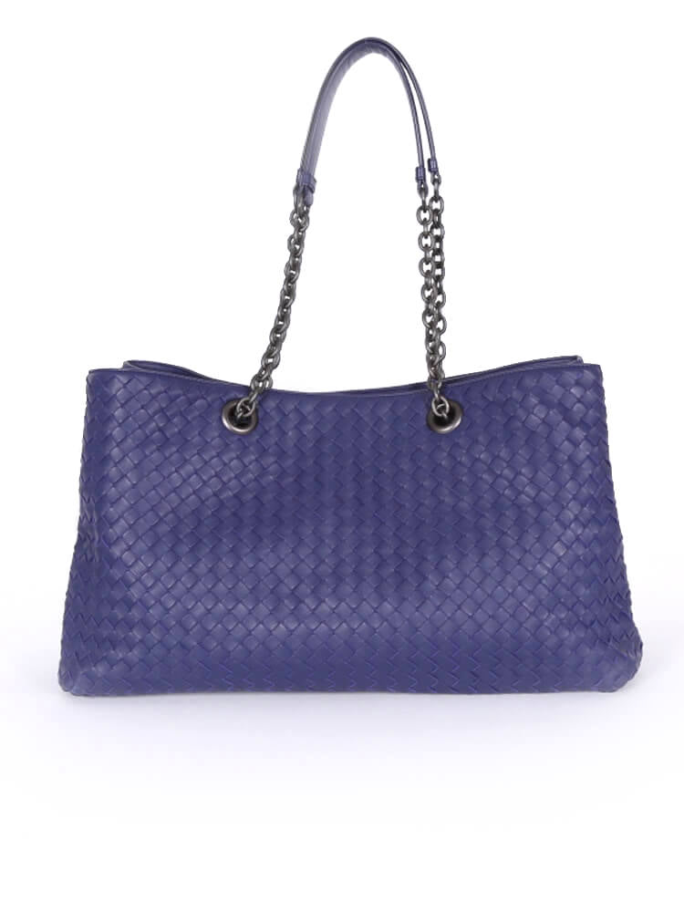 BOTTEGA VENETA INTRECCIATO LEATHER DOUBLE CHAIN TOTE ATLANTIC