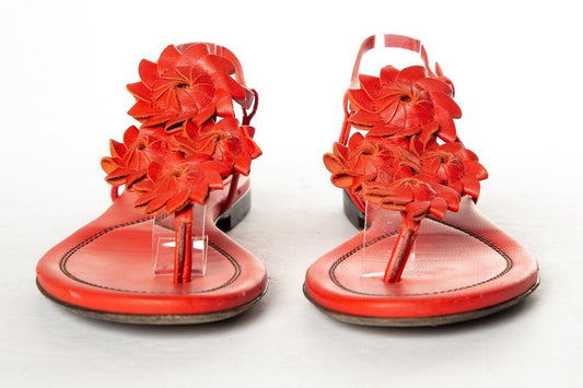 Bottega Veneta Red Leather Floral Sandals 35.5 Sale