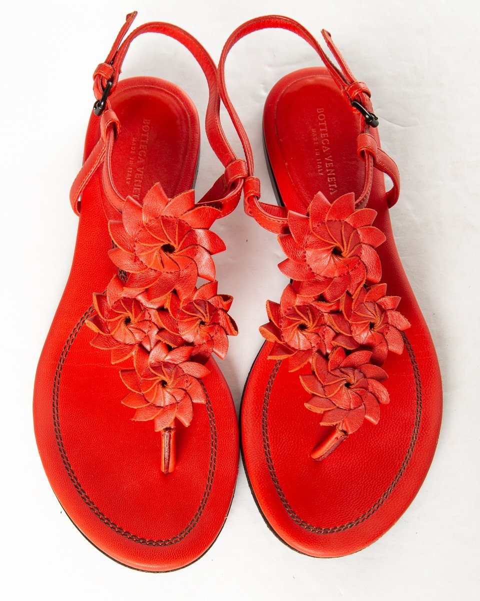 Bottega Veneta Red Leather Floral Sandals 35.5 Sale