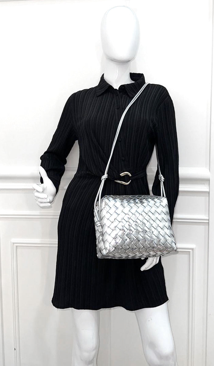 Bottega Veneta Metallic Silver Intrecciato Loop Crossbody Small Bag