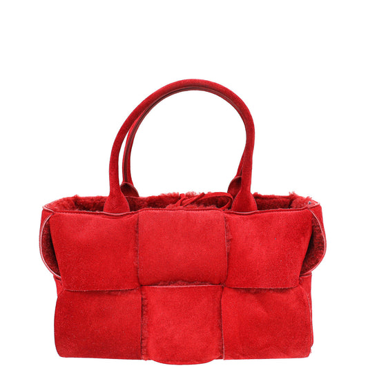 Bottega Veneta Red maxi Intrecciato Suede Shearling Arco Tote Small Bag