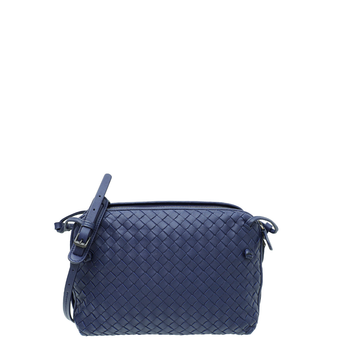 Bottega Veneta Navy Blue Intrecciato Nappa Nodini Double Zip Crossbody Bag