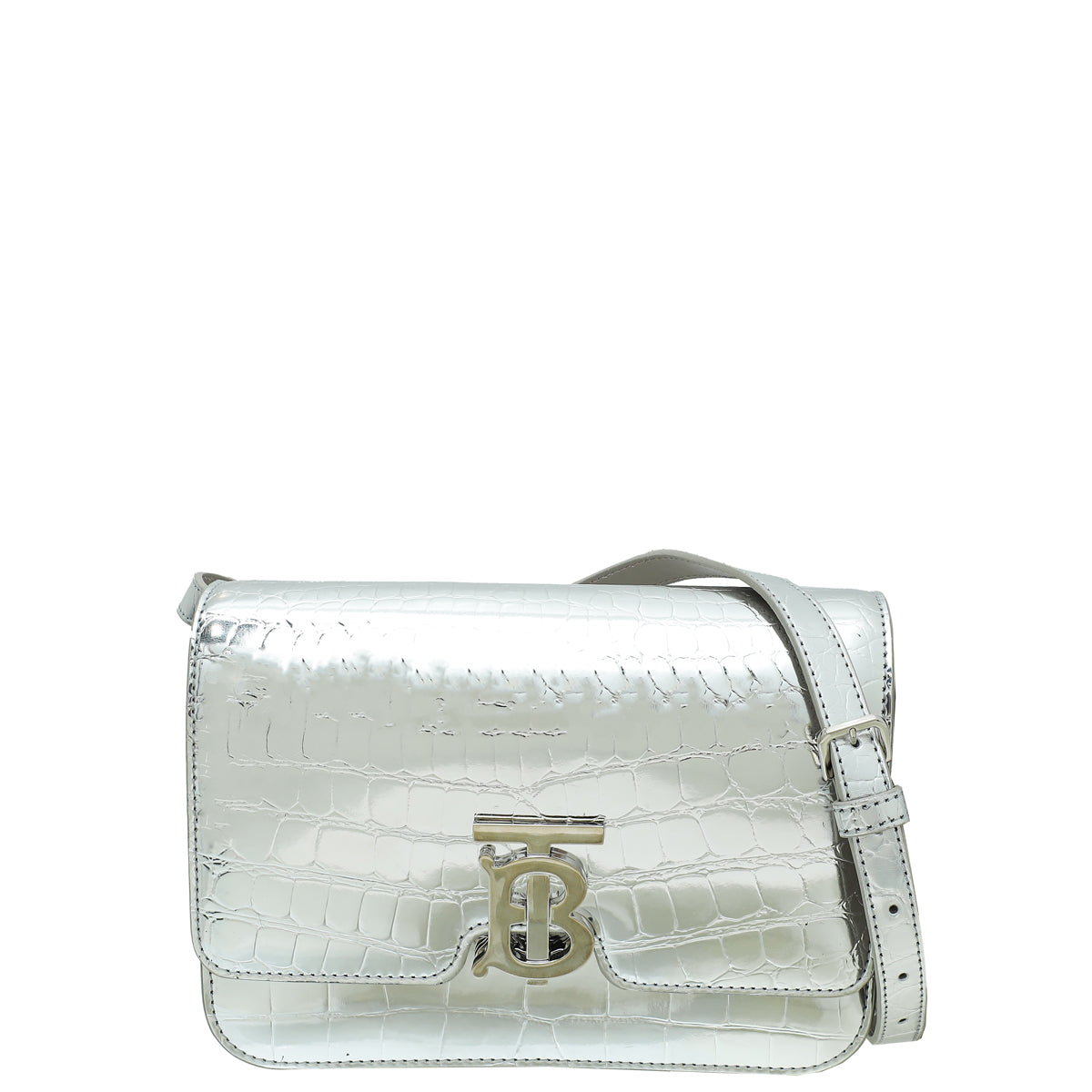 Burberry Silver TB Logo Croc Embossed Small Bag