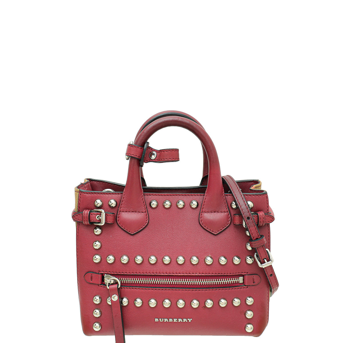 Burberry Dark Magenta House Check Studded Banner Tote Bag