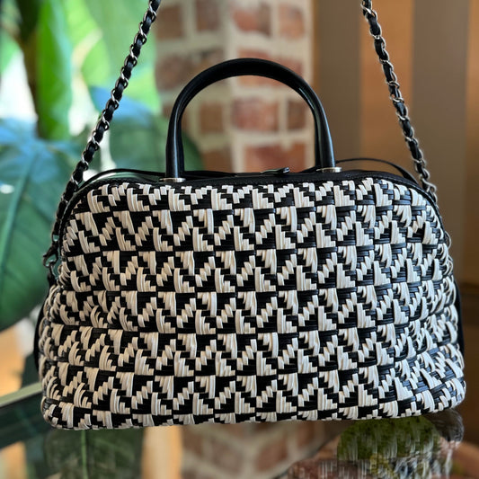 CHANEL Black/White Woven Lambskin Leather Bowling Bag