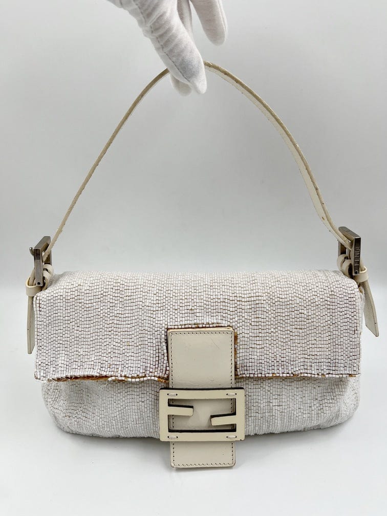 Vintage Fendi White Beaded Baguette Bag