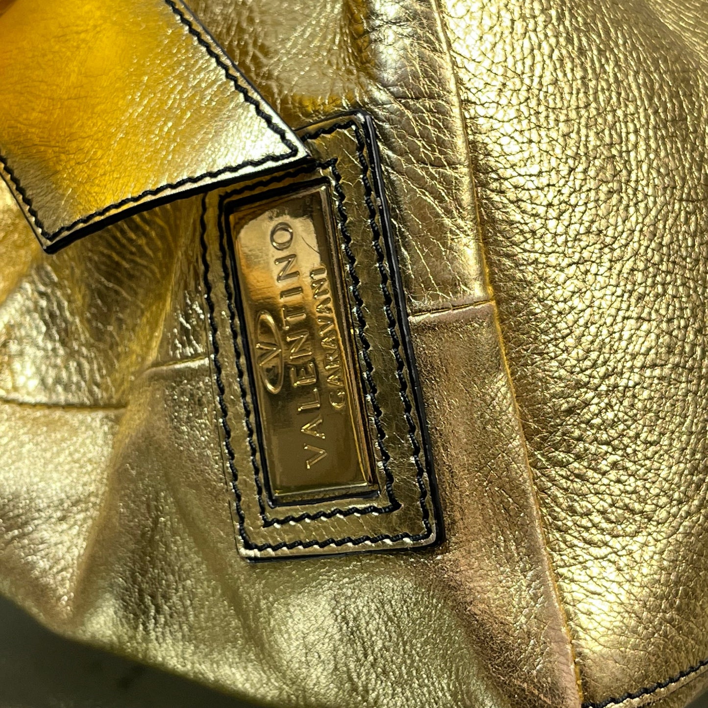 VALENTINO Metallic Gold Leather Bow Shopper Tote Bag