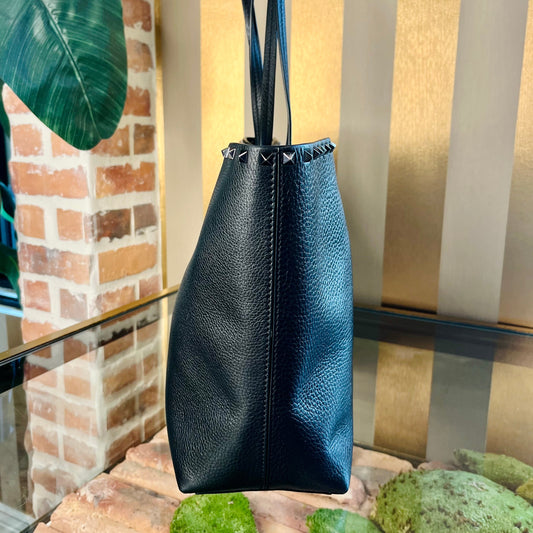 VALENTINO Black Rockstud Grainy Calfskin Tote Bag