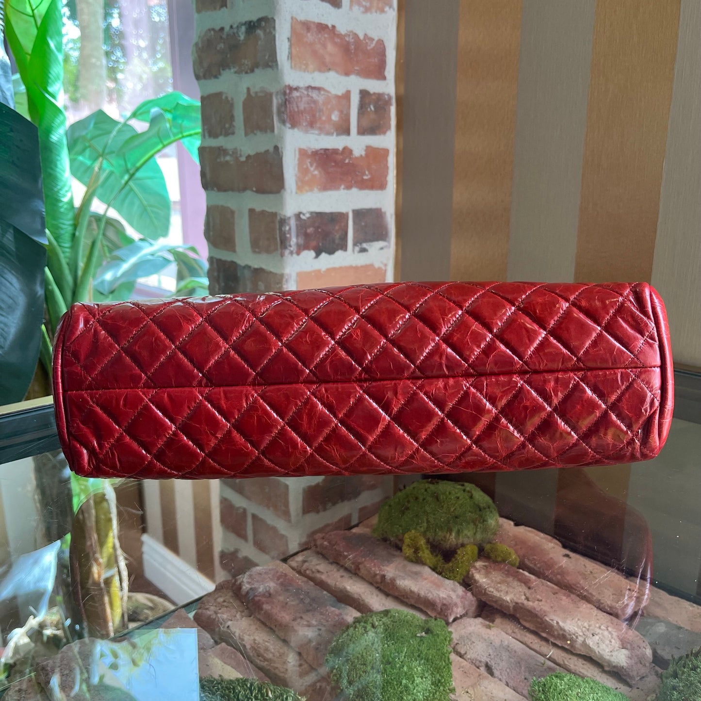 CHANEL Just Mademoiselle Medium Red Glazed Calfskin Quilted Bowling Bag ADI1078