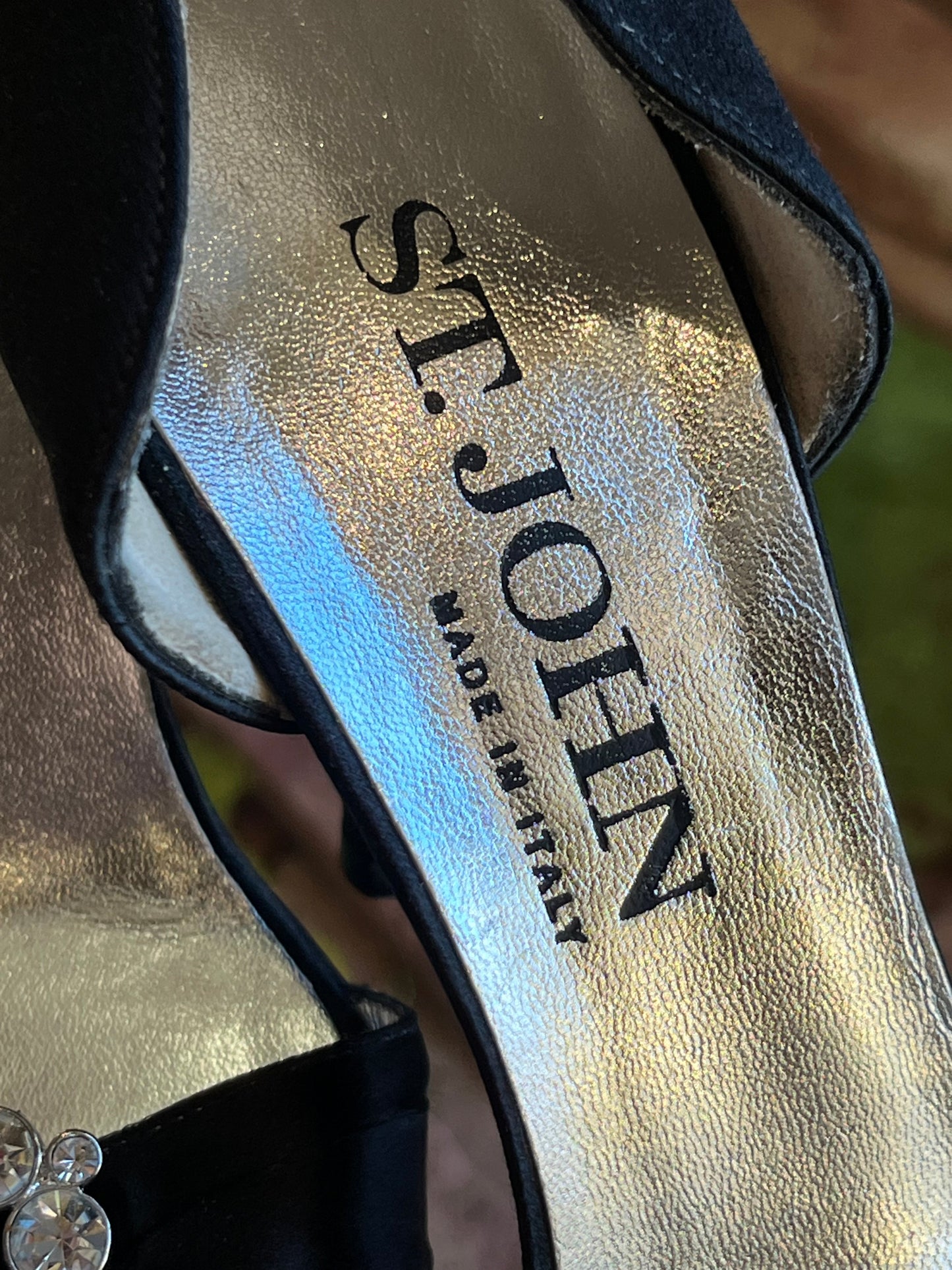 St. John Black Satin Crystal Heels SZ 7.5