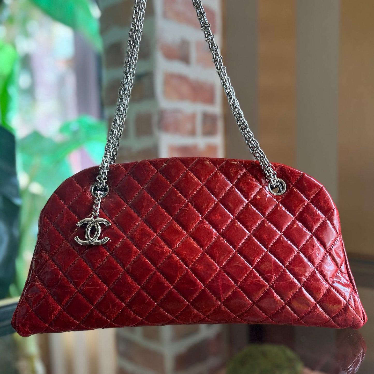 CHANEL Just Mademoiselle Medium Red Glazed Calfskin Quilted Bowling Bag ADI1078