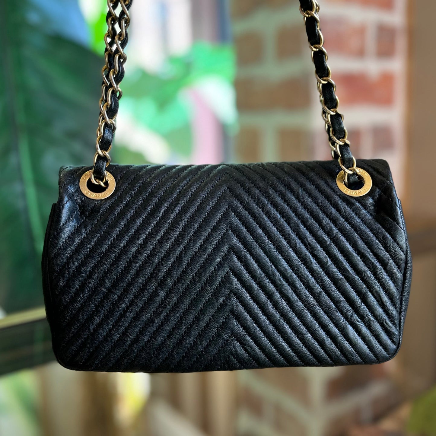 CHANEL Flap Small Black Calfskin Surpique Chevron Bag