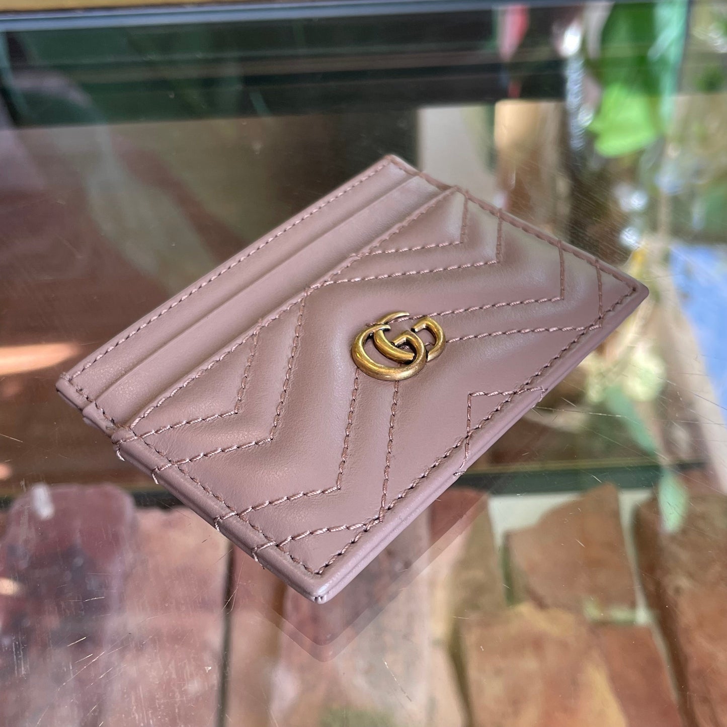 GUCCI Taupe GG Marmont Leather Card Case