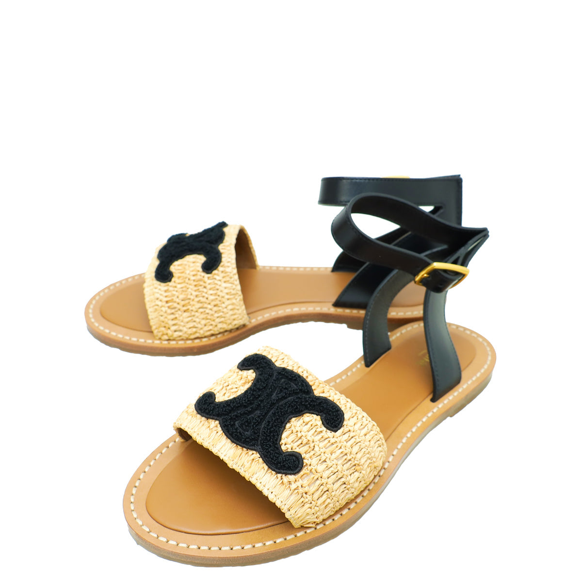 Celine Bicolor Lympia Raffia Flat Strap Sandal 38