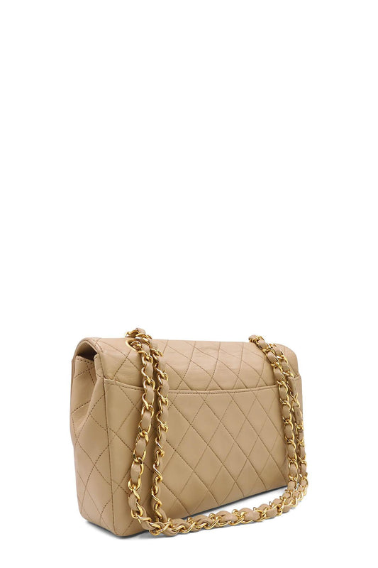 Quilted Single Flap Bag Beige with Gold Hardware