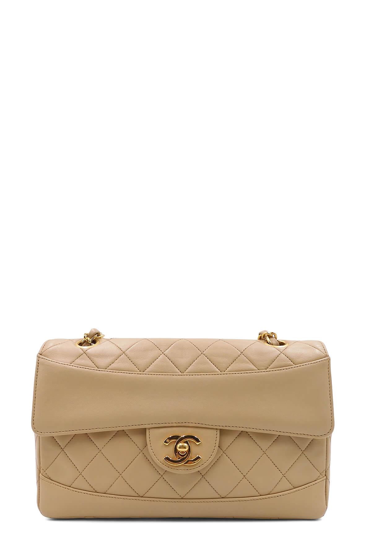 Quilted Single Flap Bag Beige with Gold Hardware