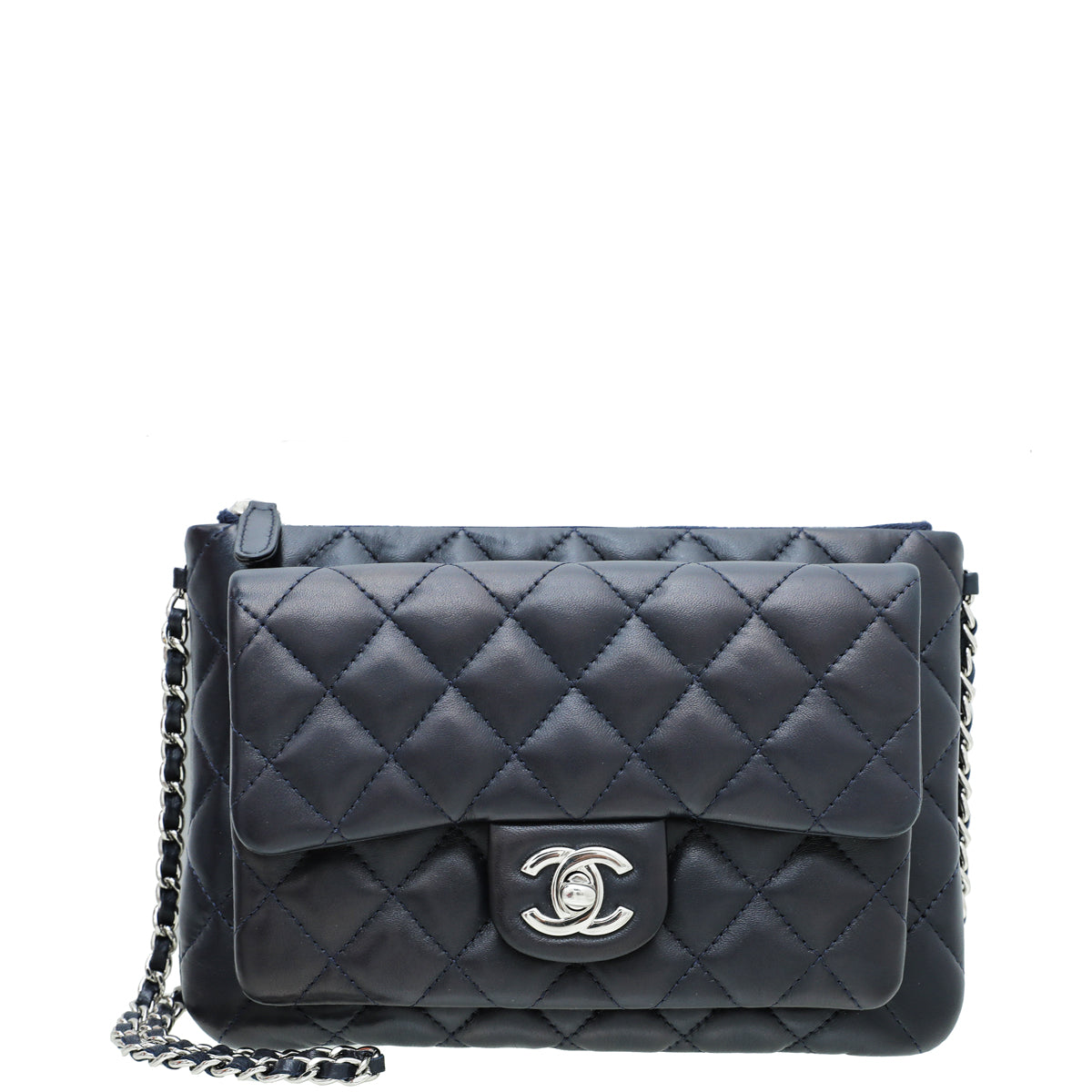 Chanel Navy Blue CC Front Pocket Chain Clutch