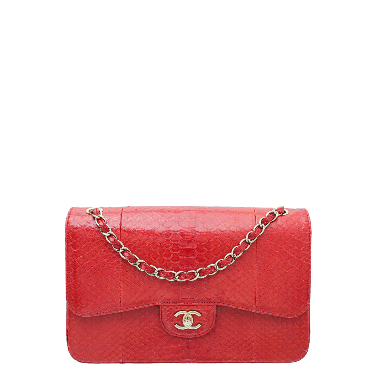 Chanel Red Python Classic Double Flap Jumbo Bag