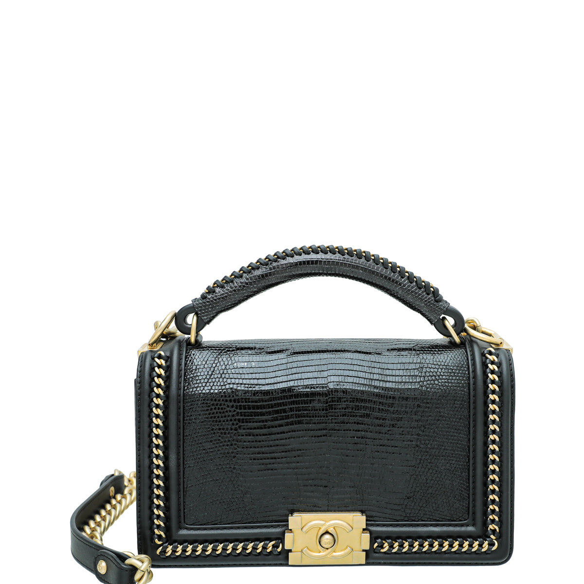 Chanel Black Le Boy Lizard Top Handle Chain Around Medium Bag