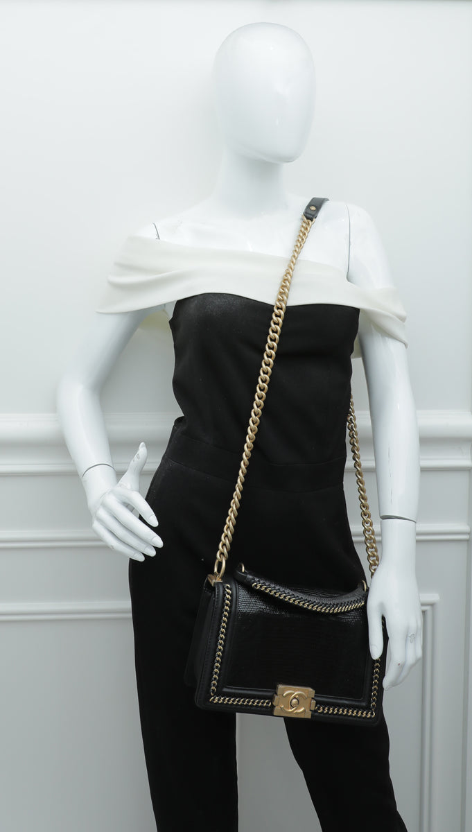 Chanel Black Le Boy Lizard Top Handle Chain Around Medium Bag