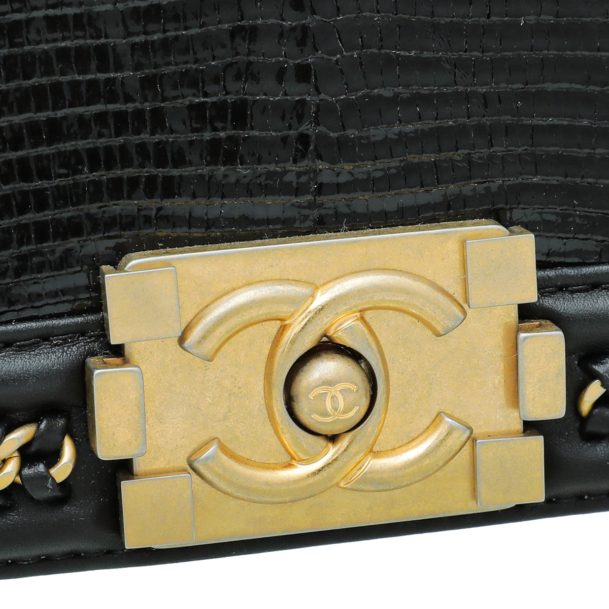 Chanel Black Le Boy Lizard Top Handle Chain Around Medium Bag