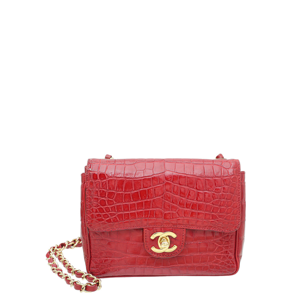 Chanel Red Crocodile Vintage CC Classic Mini Square Bag