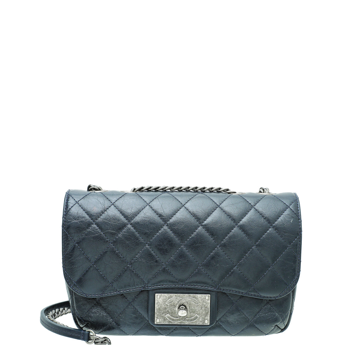 Chanel Navy Blue CC Metal Plate Glazed Flap Bag