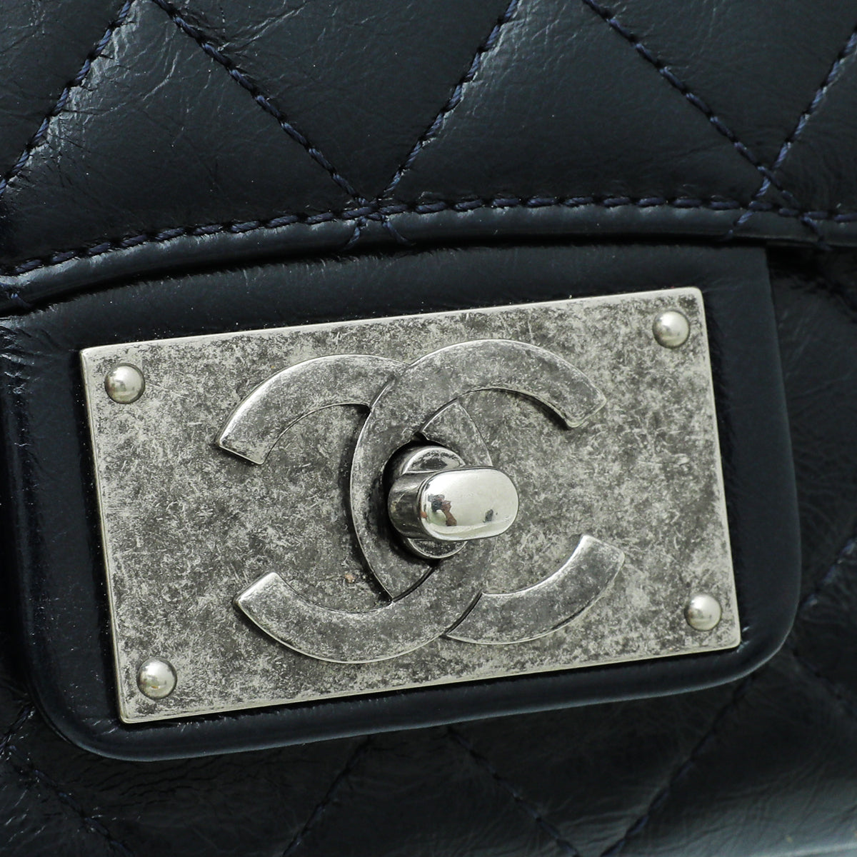 Chanel Navy Blue CC Metal Plate Glazed Flap Bag