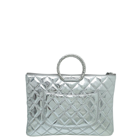 Chanel Metallic Silver Round Handle Top Handle Flat Clutch Bag