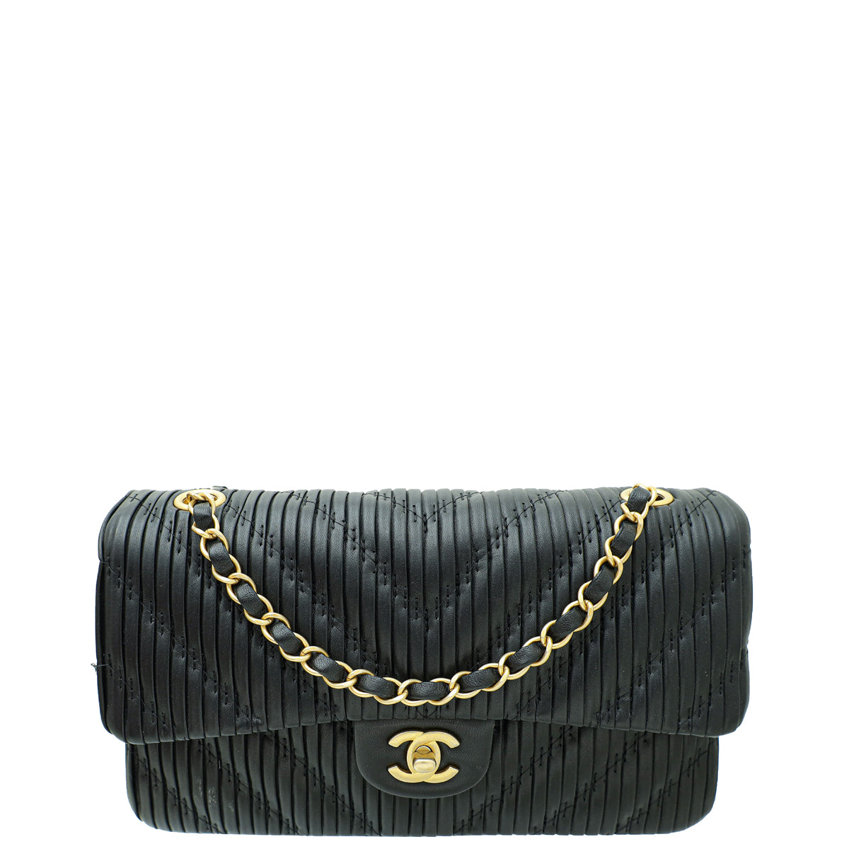 Chanel Black CC Pleated Chevron Classic Double Flap Medium Bag