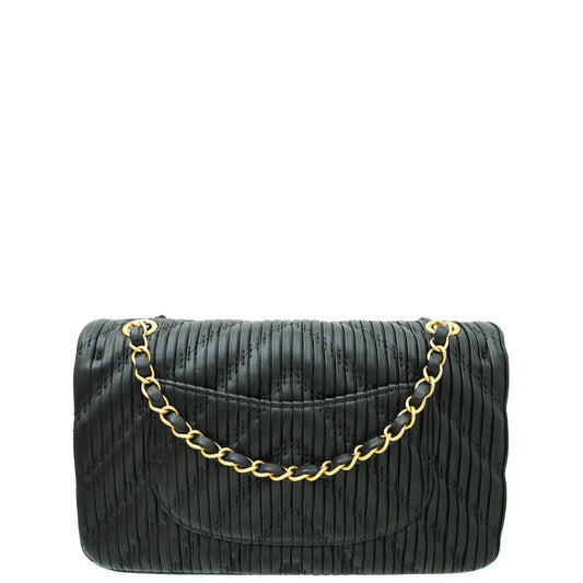 Chanel Black CC Pleated Chevron Classic Double Flap Medium Bag