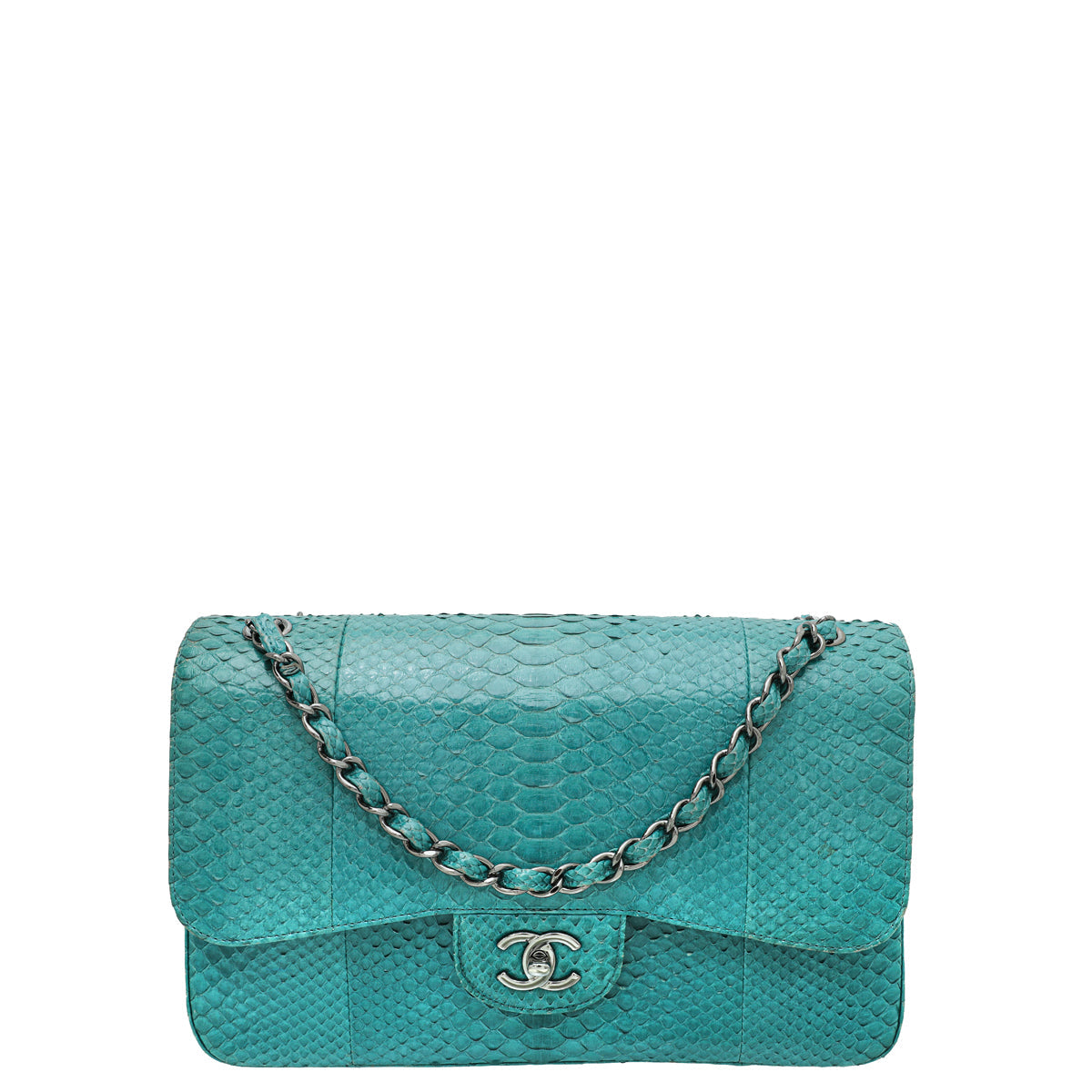 Chanel Turquoise Python Classic Double Flap Jumbo Bag