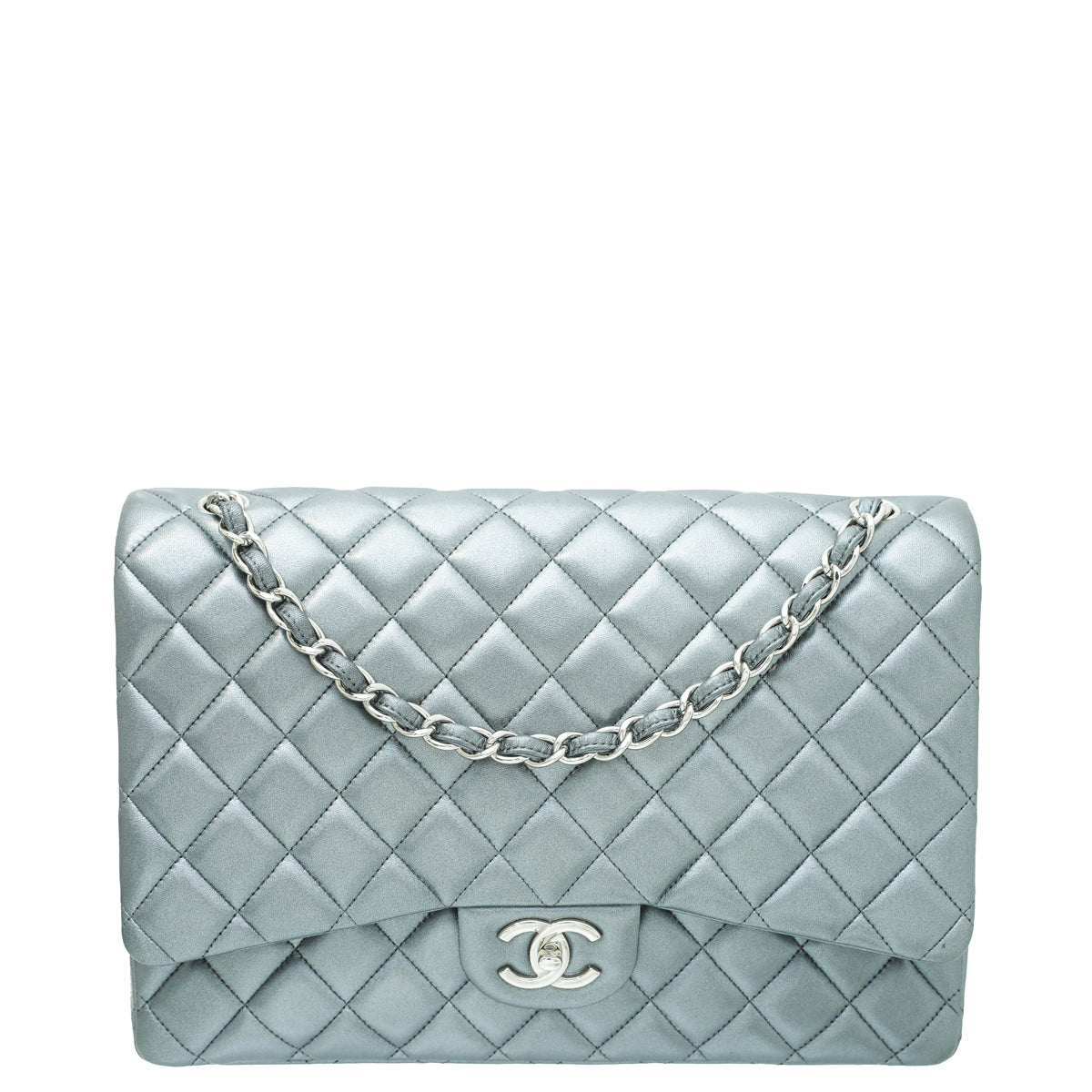 Chanel Metallic Gray Classic Double Flap Maxi Bag