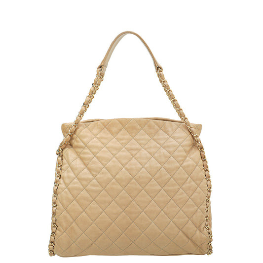 Chanel Beige Fold Over Chain Around Hobo Bag